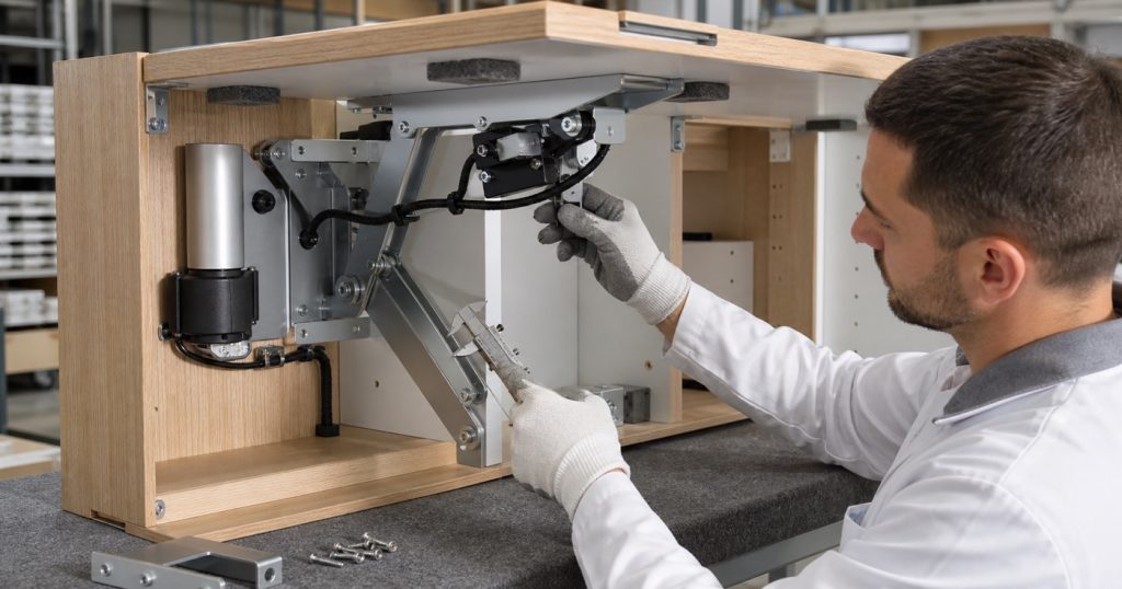 Furniture factory technician inspecting the electric actuator, steel lift linkage, mounting brackets, protected cable harness, and fasteners inside a motorized lift-down kitchen cabinet