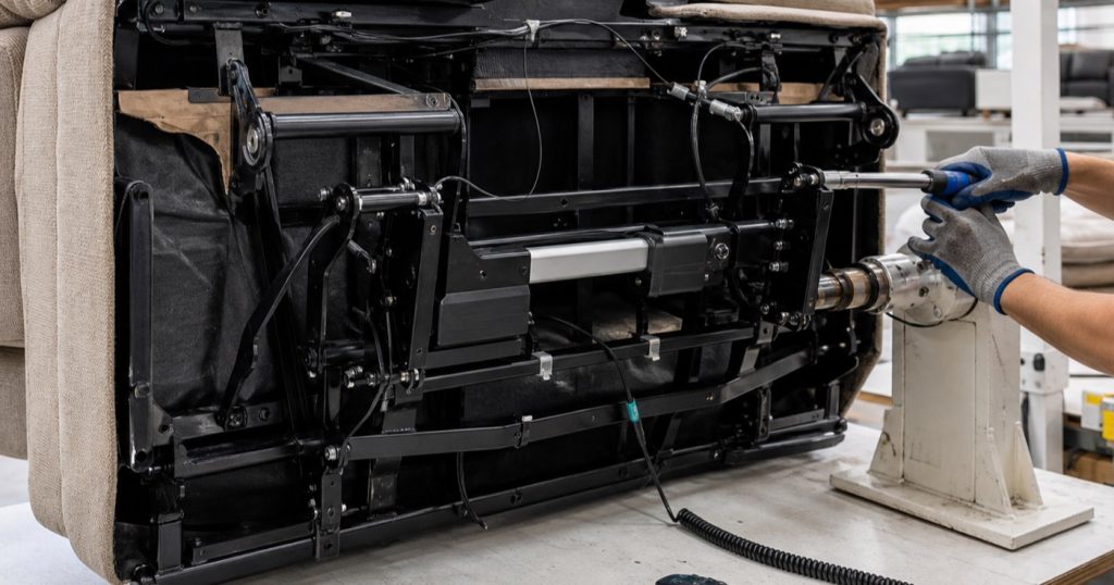 Underside of an upholstered motorized recliner on a factory quality-control fixture with linear actuator, metal linkages, cable harnesses, wired hand control, and technician inspection