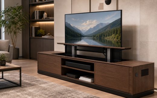 Smart TV lift cabinet in a modern living room showroom with a flat-screen TV rising from a wood media console, visible lift rails, cable chain, ventilation grille, and stable cabinet base