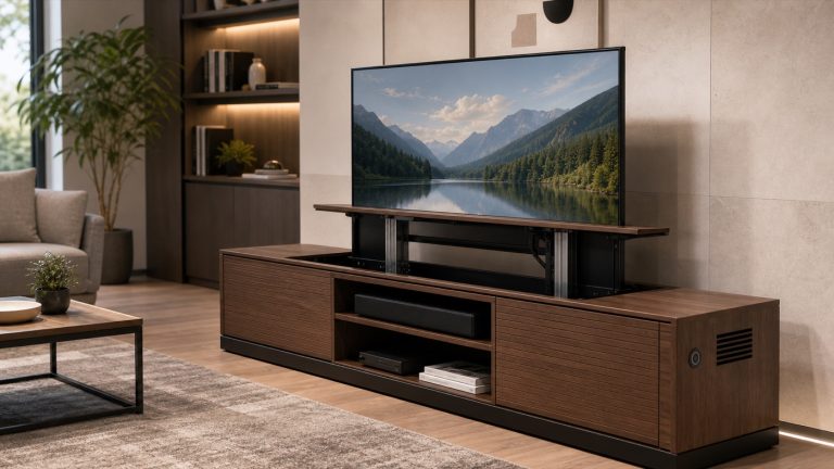 Smart TV lift cabinet in a modern living room showroom with a flat-screen TV rising from a wood media console, visible lift rails, cable chain, ventilation grille, and stable cabinet base