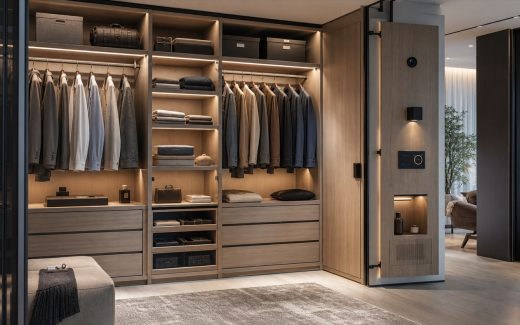 Smart wardrobe and modular closet system in a modern walk-in closet showroom with LED shelf lighting, motion sensing, ventilation, drawers, hanging rails, and organized storage