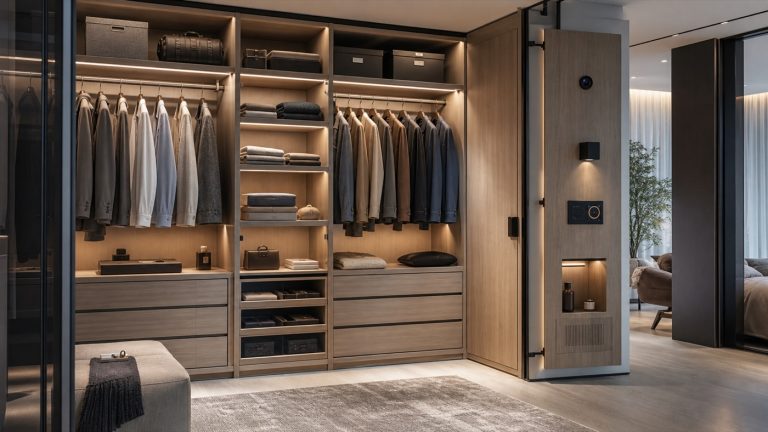 Smart wardrobe and modular closet system in a modern walk-in closet showroom with LED shelf lighting, motion sensing, ventilation, drawers, hanging rails, and organized storage