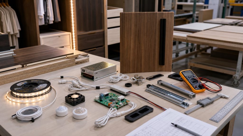 Smart wardrobe lighting and sensor quality-control bench with LED strips, door sensors, motion sensors, humidity sensor, ventilation fan, control board, power supply, cable harnesses, sliding-door hardware, hinges, and wood panels