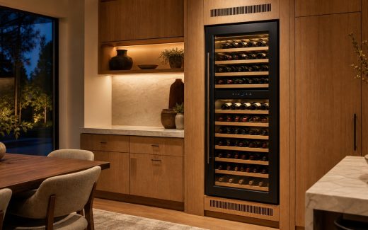 Built-in smart dual-zone wine cabinet integrated into warm oak dining-room cabinetry with glass door, wooden shelves, and bottles