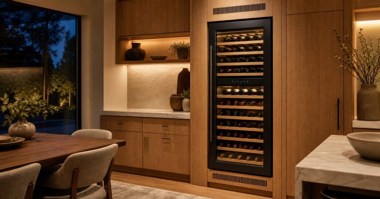 Built-in smart dual-zone wine cabinet integrated into warm oak dining-room cabinetry with glass door, wooden shelves, and bottles