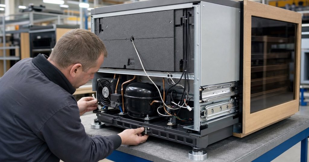 Factory technician inspecting compressor, condenser fan, insulated cabinet panel, wiring harness, ventilation grille, and shelf rails on a smart wine cabinet module