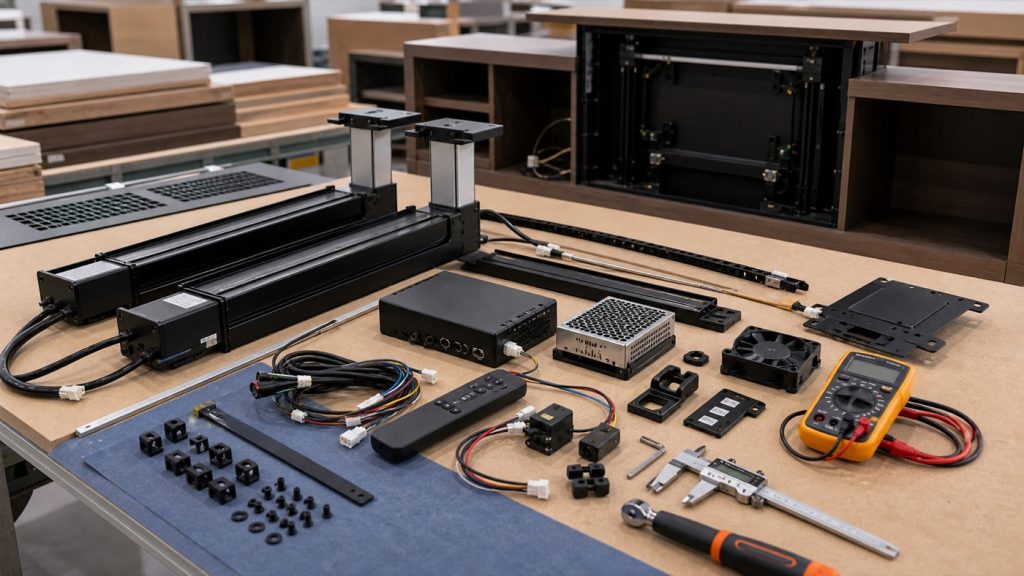 TV lift cabinet motor and control quality-control bench with lift columns, rails, control box, RF remote, power supply, cable harnesses, anti-pinch sensor, limit switch, VESA plate, ventilation fan, and inspection tools