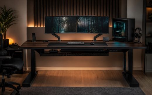 Smart gaming desk with dual monitor arms, tidy cable routing, integrated cable tray, desktop PC, practical controls, and a smoked-oak and charcoal finish in a refined home creator studio