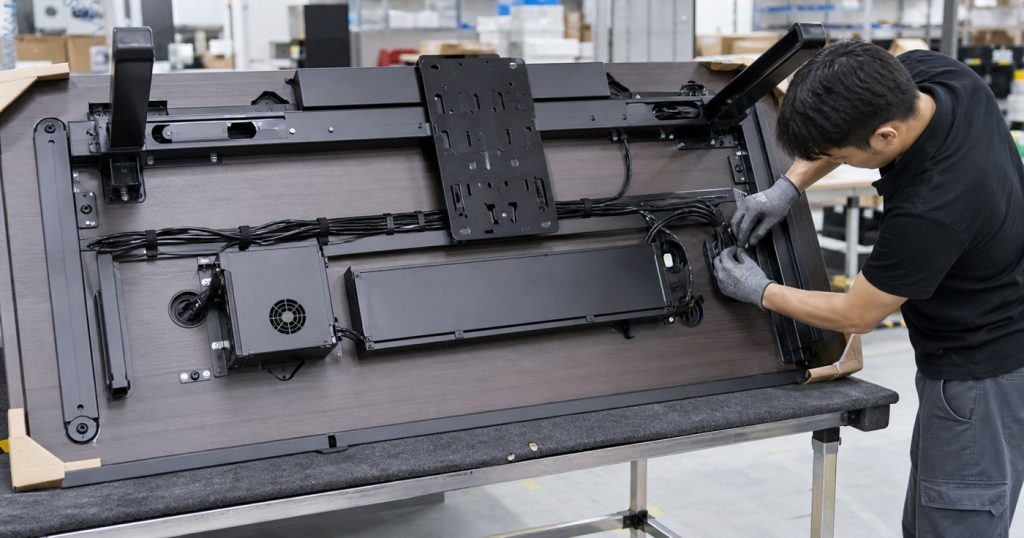 Factory quality control on a smart gaming desk underside