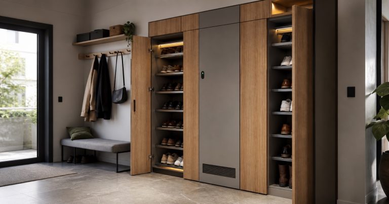 Smart shoe-care cabinet in a contemporary apartment entryway