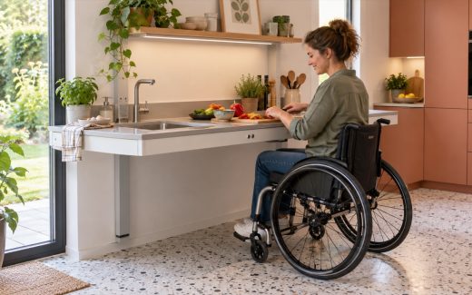 Concept of seated food preparation at an electric adjustable kitchen worktop