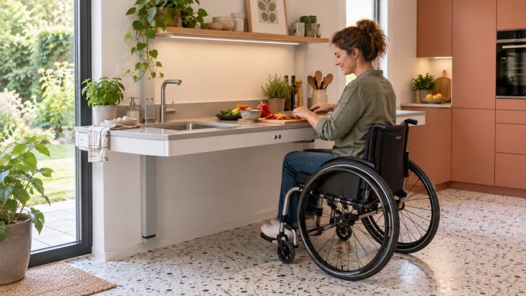 Concept of a wheelchair user preparing vegetables at an electrically adjustable kitchen worktop