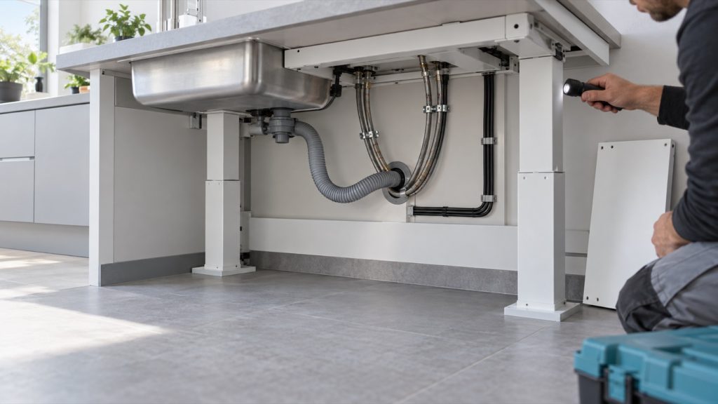 Concept illustration of a technician inspecting the service space beneath a raised kitchen worktop
