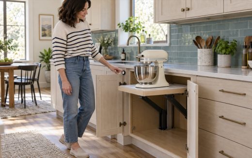 Concept of a motorized cabinet lift presenting a stand mixer at working height
