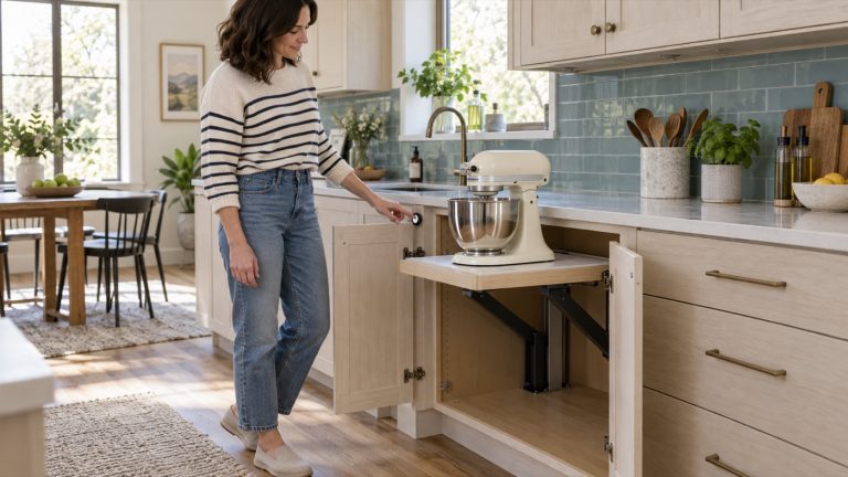 Concept of a motorized kitchen appliance lift presenting a stand mixer at working height