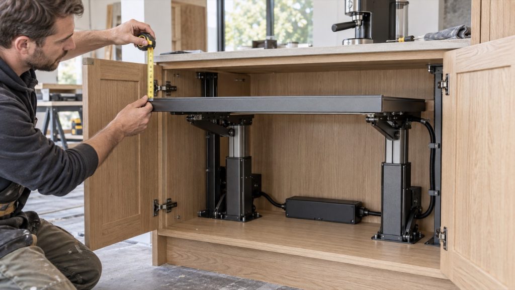 Concept of an installer checking cabinet clearance around an empty motorized appliance lift