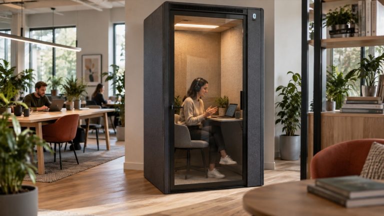 Concept illustration of a single-person acoustic office pod in a shared workplace