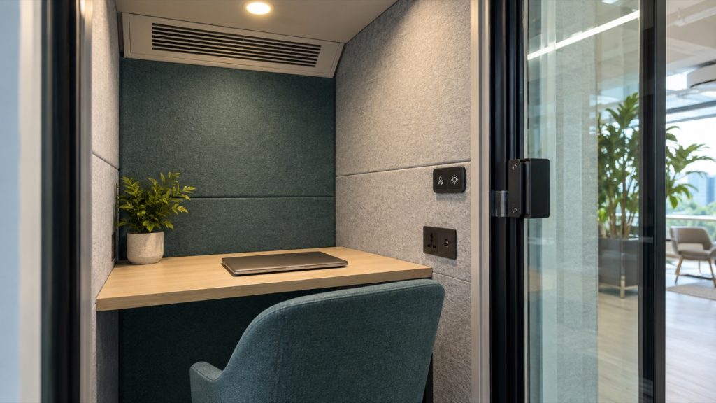 Concept illustration of the lighting, ventilation, desk, and door details inside an acoustic pod