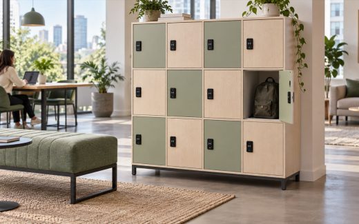 Illustrative personal storage locker bank in a bright shared work lounge