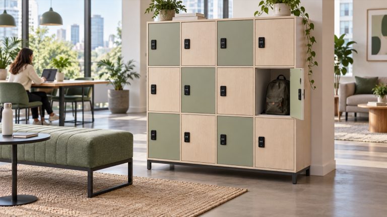 Concept of smart personal-storage lockers in a shared apartment work lounge