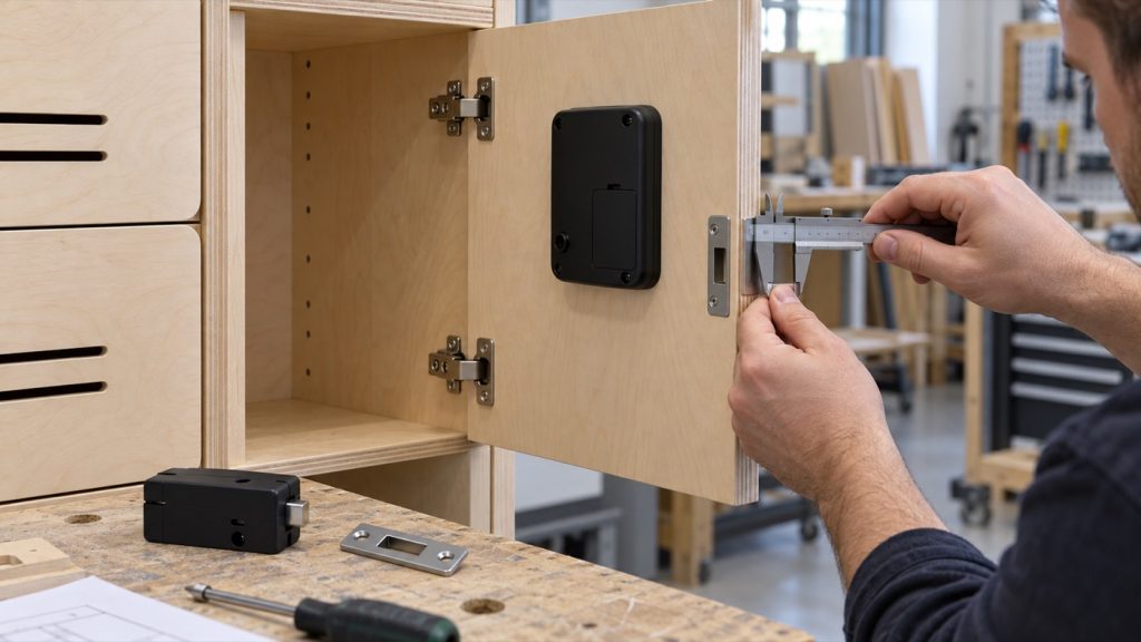 Concept inspection of electronic locker lock alignment and strike hardware